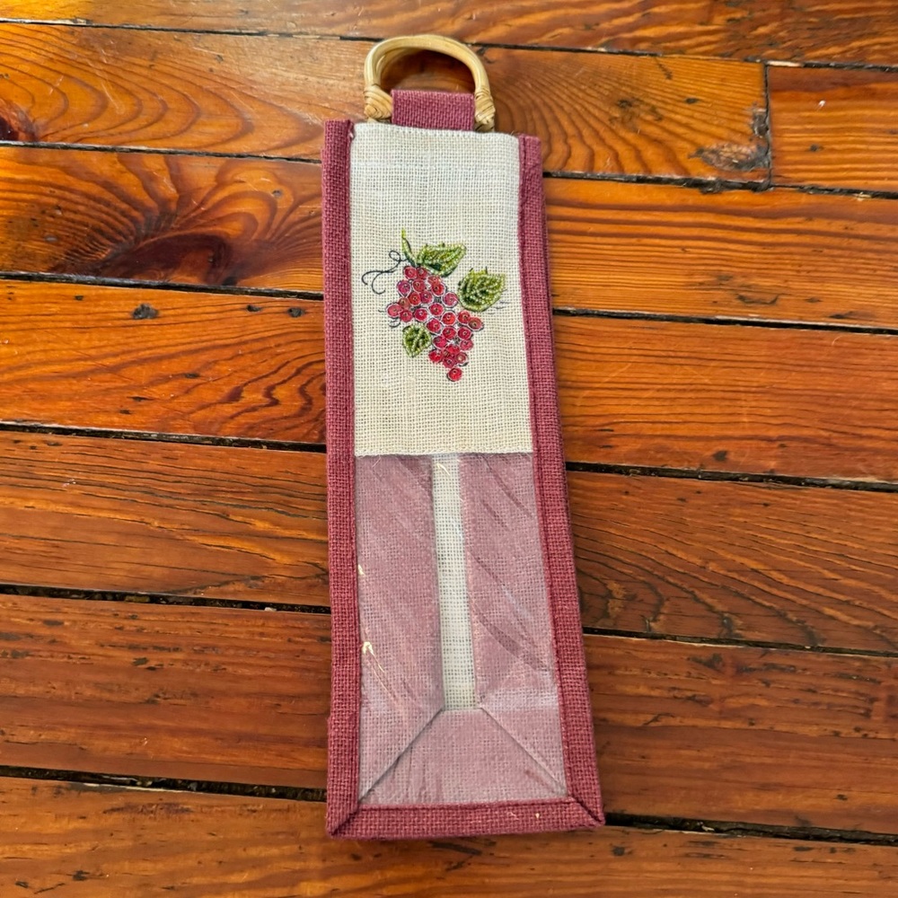 Wrap Art Wooden Handle Burlap Beaded  Wine Tote Bag